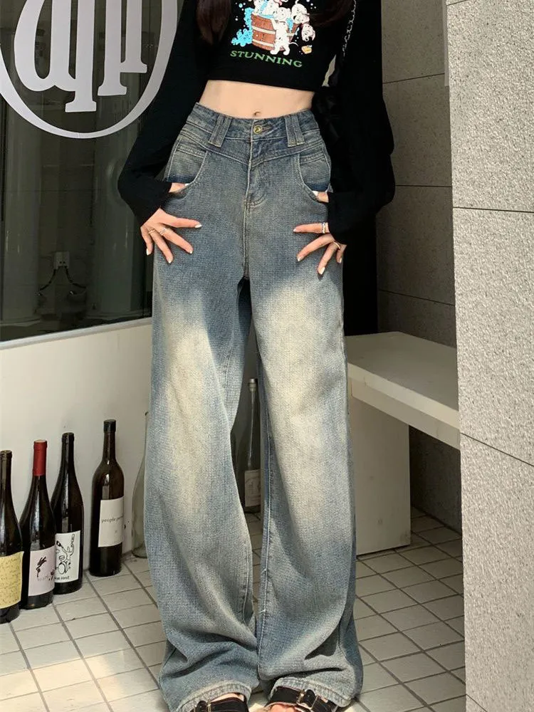 Damesjeans Houzhou vintage wide been jeans vrouwen Koreaanse streetwear y2k Harajuku baggy denim broek hippie retro mode hoge taille vrouw 230325