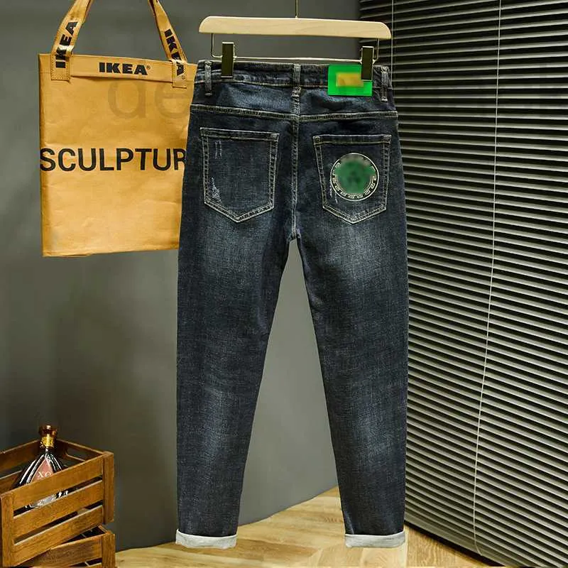 Heren jeans ontwerper Hong Kong high-end geborduurd water spook groene jeans Europese versie mannen strekken slanke broek ohy7