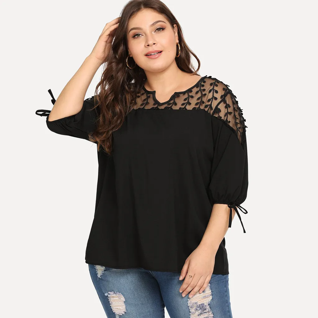 T-shirt grande taille pour femme Chemisiers grande taille pour femmes Tops Dentelle Maille Sheer Mousseline de soie Rubans Lanterne Demi-manches Net Fil Blouses Top Chemises surdimensionnées Blusas 230325