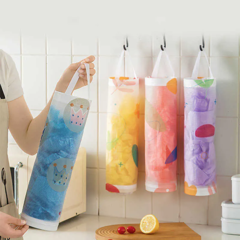 Hanging Garbage Bag Dispenser Organization Sets Storage Bag Kitchen Wall Trash Bag Dispenser Wall-mounted Grocery Bag Holder Nylon Accessory Organizer