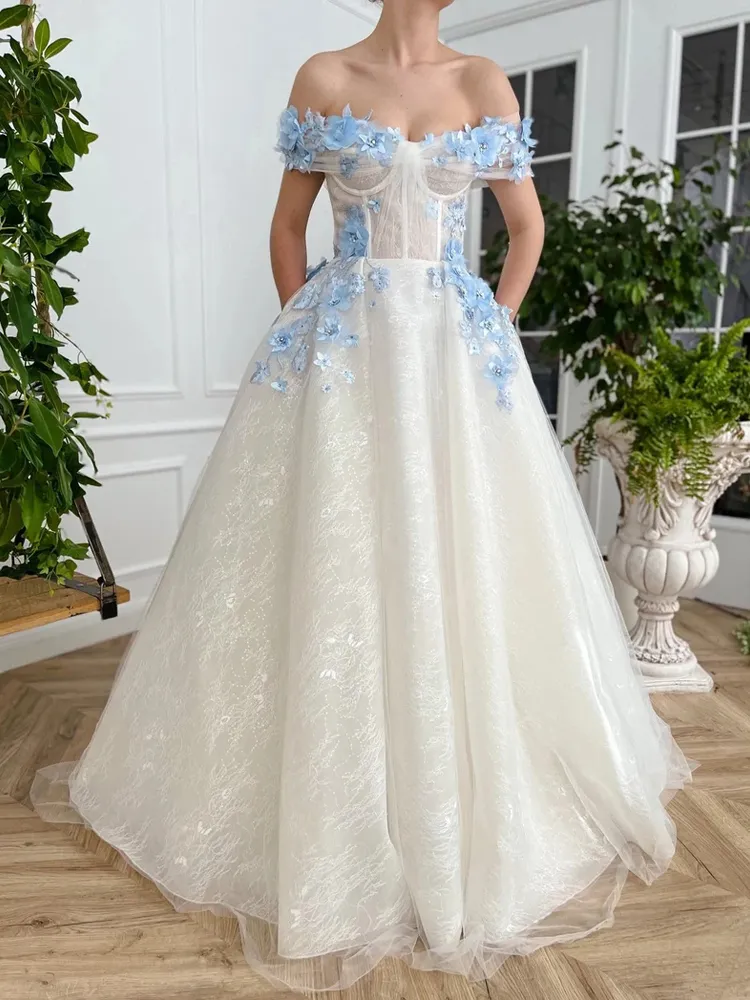 Princess Prom Dress Organza Tulle Floor Length Formal Corset Bodice White Ethereal Bluebell 3D Flower Ball Gown Off The Shoulder A Line