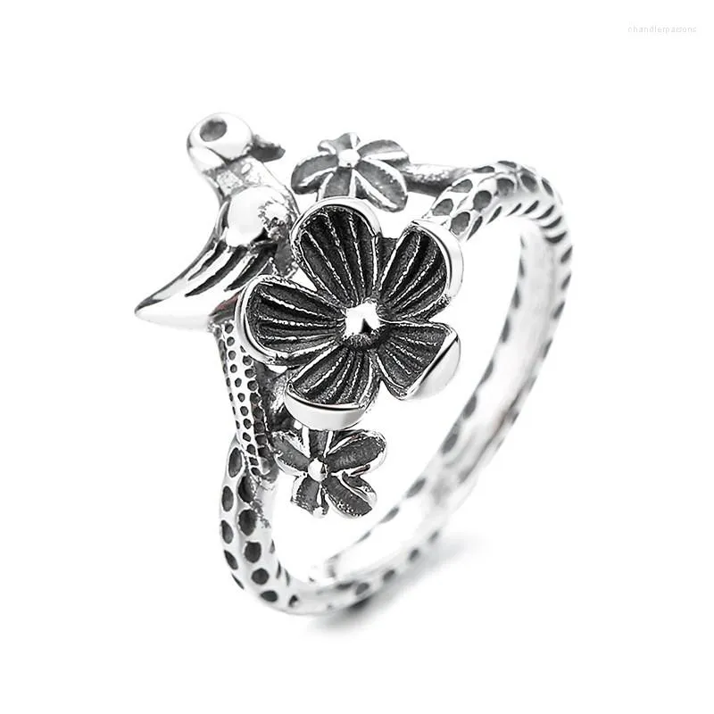 Cluster Rings 534J ZFSILVER Silver S925 Fashion Trendy Adjustable Retro Punk Luxury Design Creative 3D Bird Flower Women Wedding Jewelry