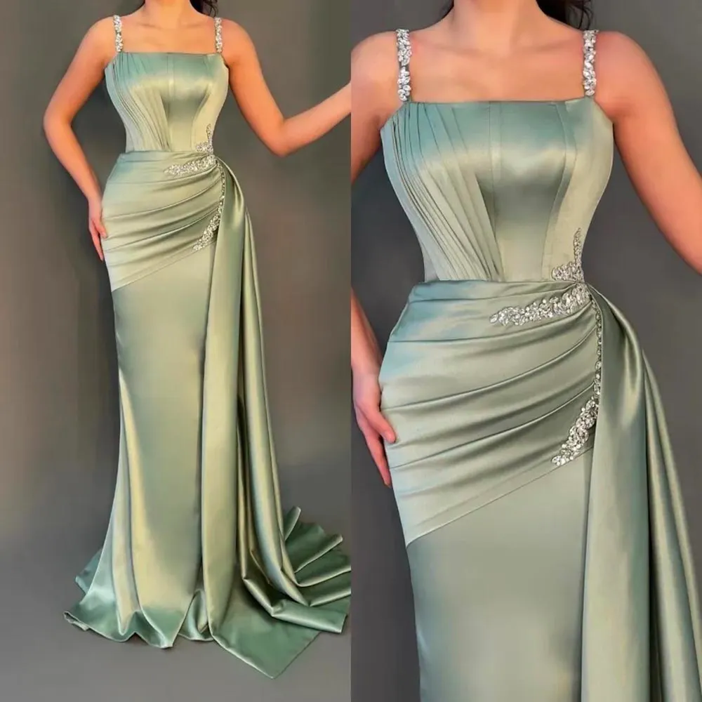 Prom Party Gown Formal Satin Evening Dresses Custom Plus Size Zipper New Sleeveless Bateau Pleeau Pleat Mermaid Pärled