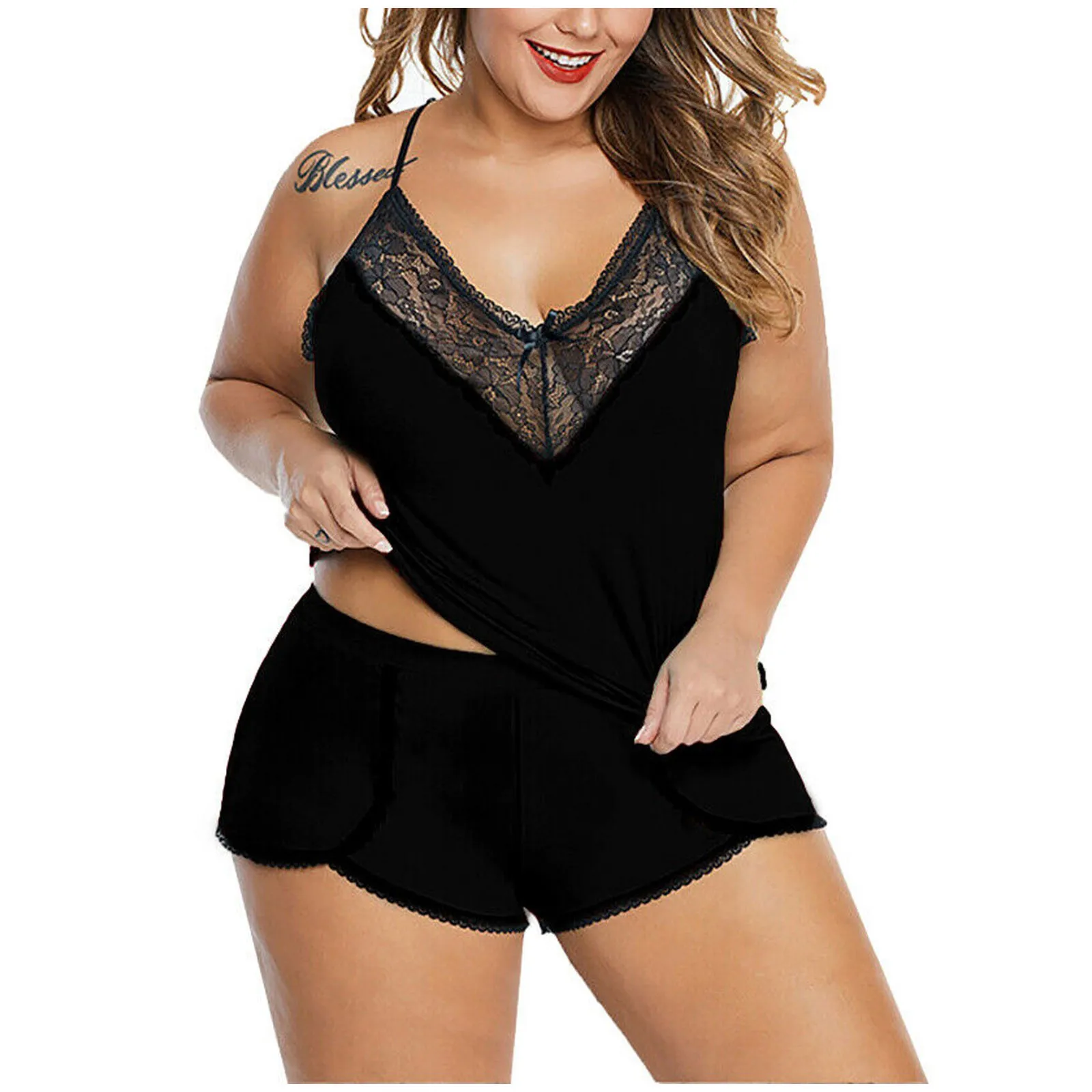 Vêtements de nuit pour femmes grande taille Sexy Spaghetti Strap dentelle pyjama ensemble sans manches pyjamas shorts ensemble dentelle Pijama costume femmes nuisettes Pijama Mujer 230325