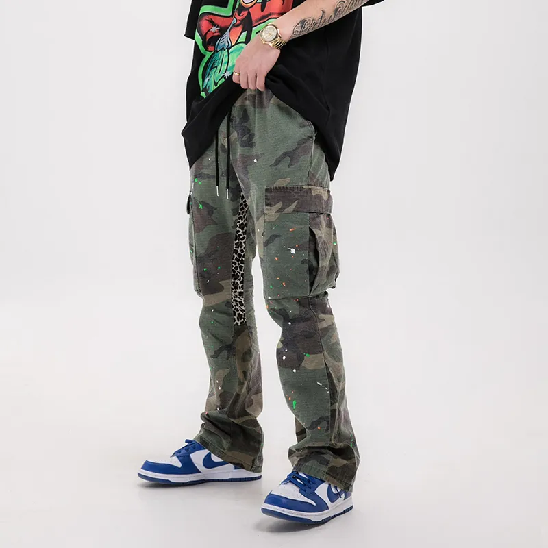 Pantalons pour hommes Streetwear Cargo Hip Hop en détresse Camouflage Splash évasé femmes poches cordon Baggy pantalon 230324