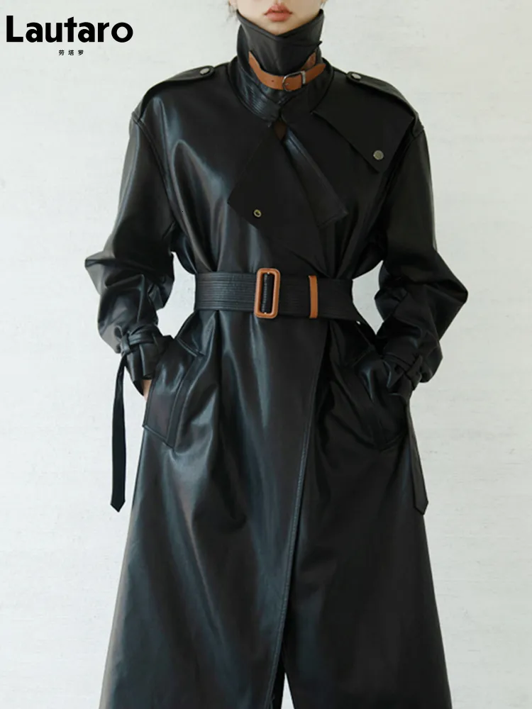 Vestes pour femmes Lautaro printemps automne surdimensionné Cool noir long Trench en cuir pour femmes ceinture manches lâche mode européenne 230324