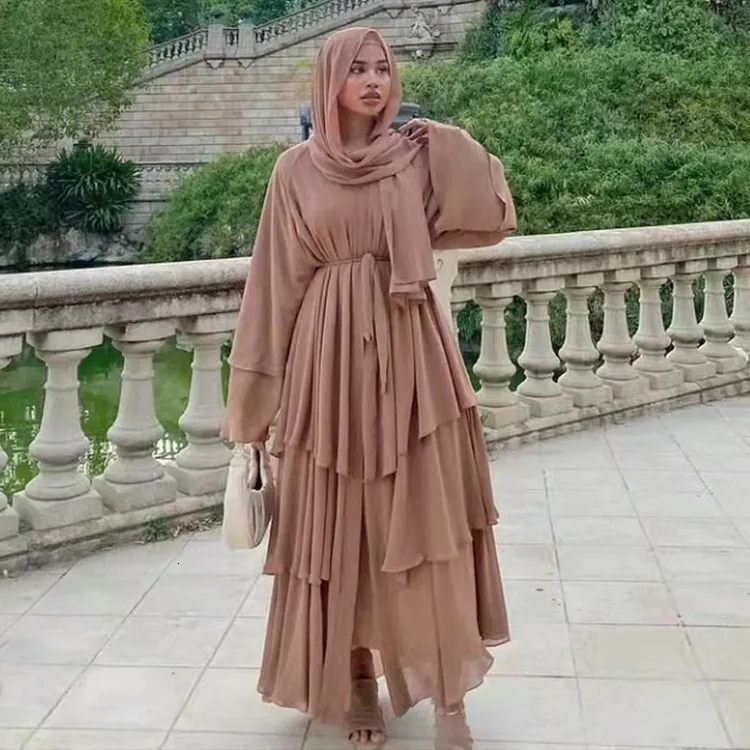 Etnik Giyim Moda Dikiş Müslüman Elbise Kadınlar Üç Katmanlı Şifon Zarif Abaya Ramazan Taligan Başörtüsü Marocain Elbise 230325