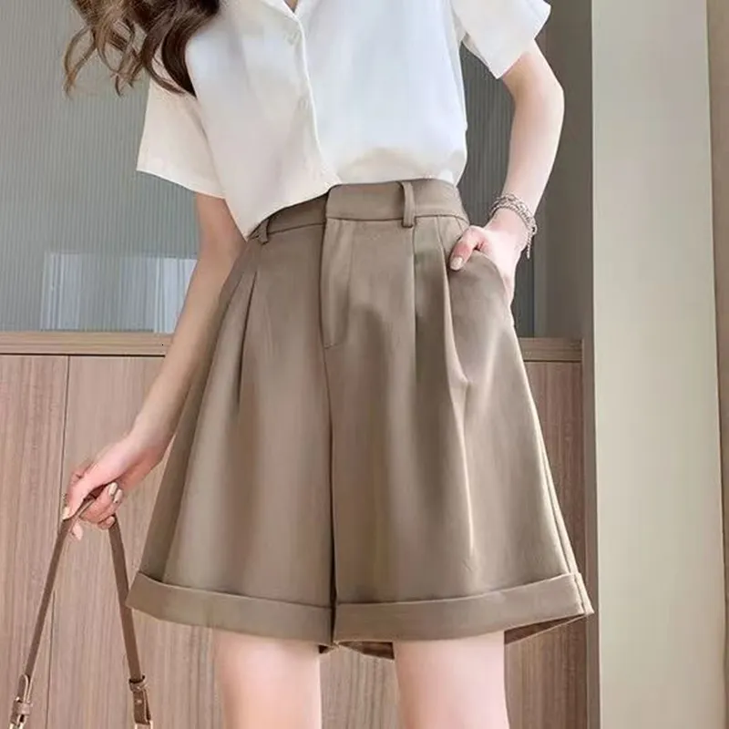 Women's Shorts Lucyever Summer Causal Shorts for Women Korean Khaki High Elastic Waist Suits Shorts with Pockets Zipper Short Pants Female 230325