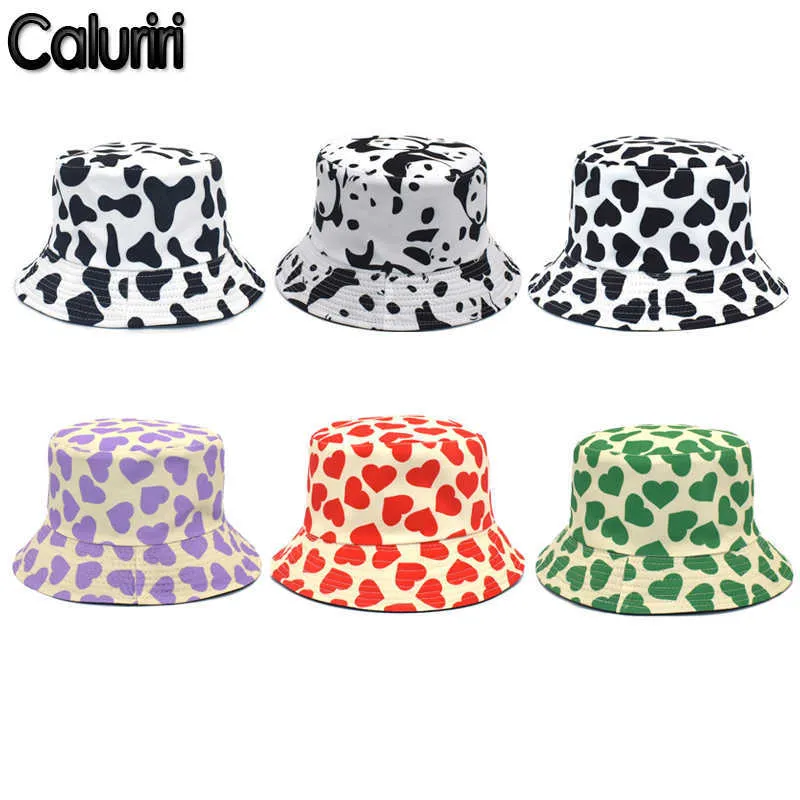 Wide Brim Hats Caluriri Cotton Cow Print Hat Korean Pop White Blk Bucket Hat Fisherman Hat Women Double-sided Basin Hat Men Summer Sun Hat P230311