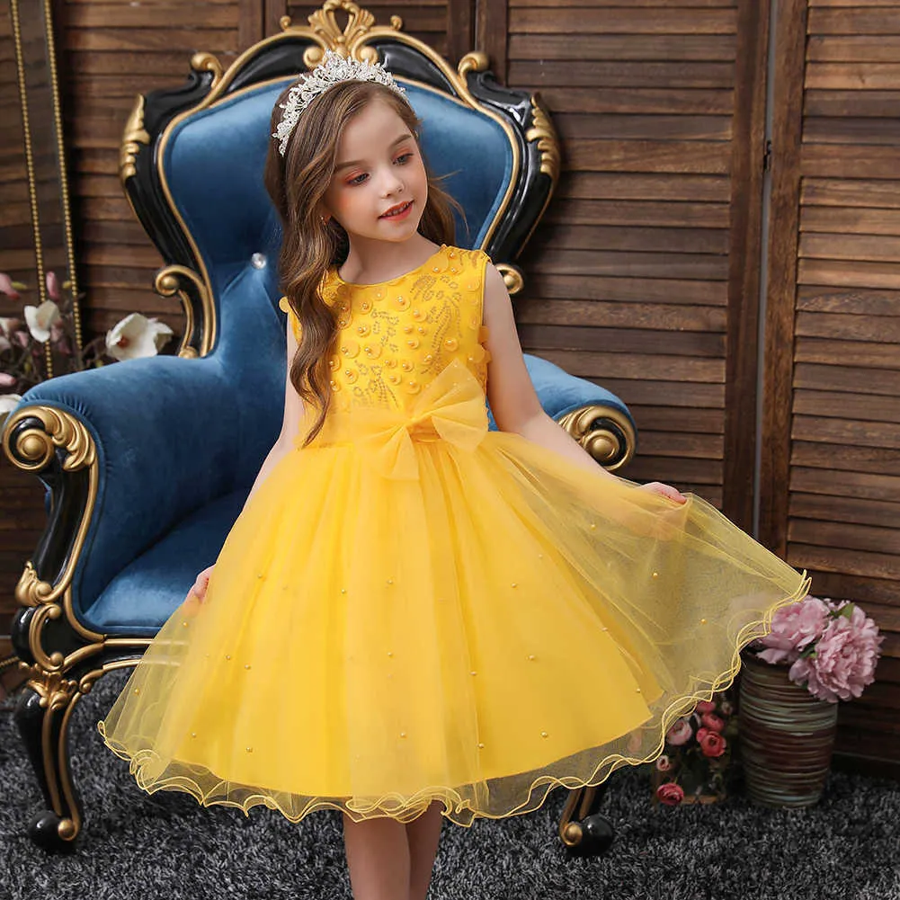 Girl's Dresses European Style Bead Night for Kids Bow Knee Length Birthday Girls Multi-Layer Mesh 10 Years Girl Y2303