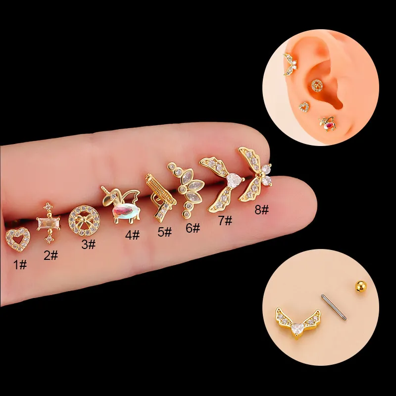 Nez Anneaux Goujons 1Pc Acier Les Deux Côté Vis Pistolet Forme CZ Aile Labret Cartilage Piercing Dos Plat Lèvre Monroe Tragus Boucle D'oreille Corps Juif 230325