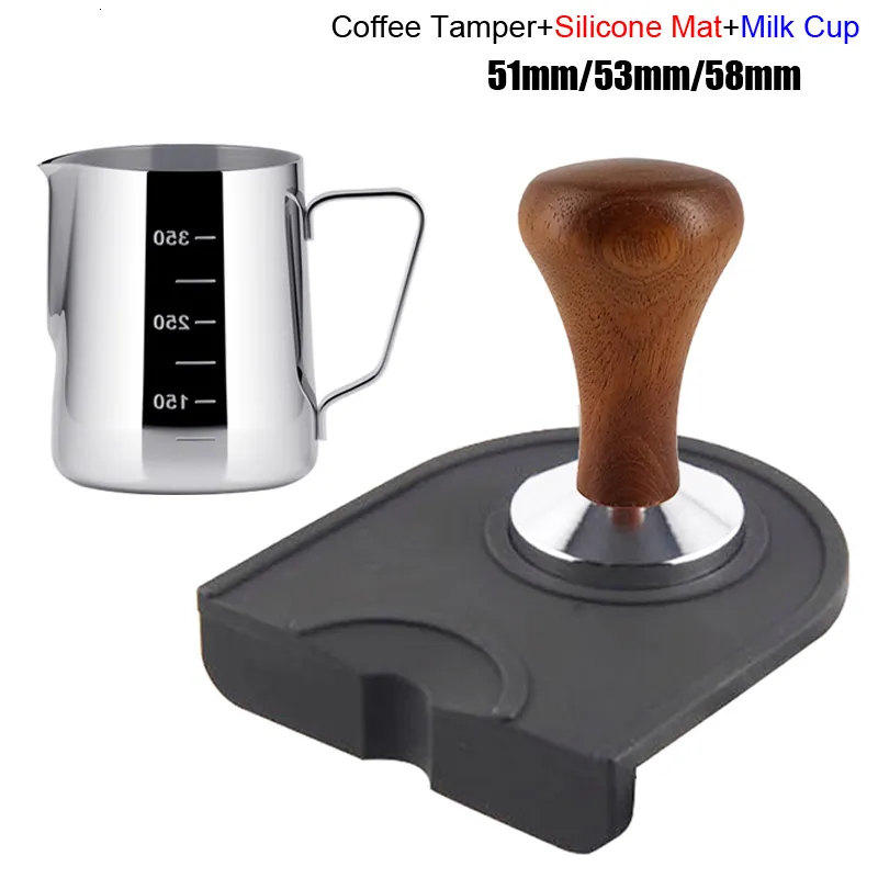 Tampers 51mm 53mm 58mm maçaneta de madeira torneira pó de pó de martelo de chapas de café com silicone leite de leite com copo de café personalizado acessórios de café 230324