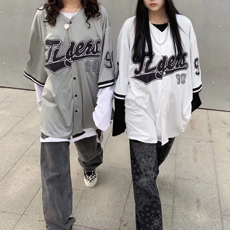 Women s Blouses Shirts HOUZHOU Baseball Shirt Women and Men Hippe Vintage Oversize Hip Hop Streetwear Korean Style Short Half Sleeve Button Up Blouse 230325