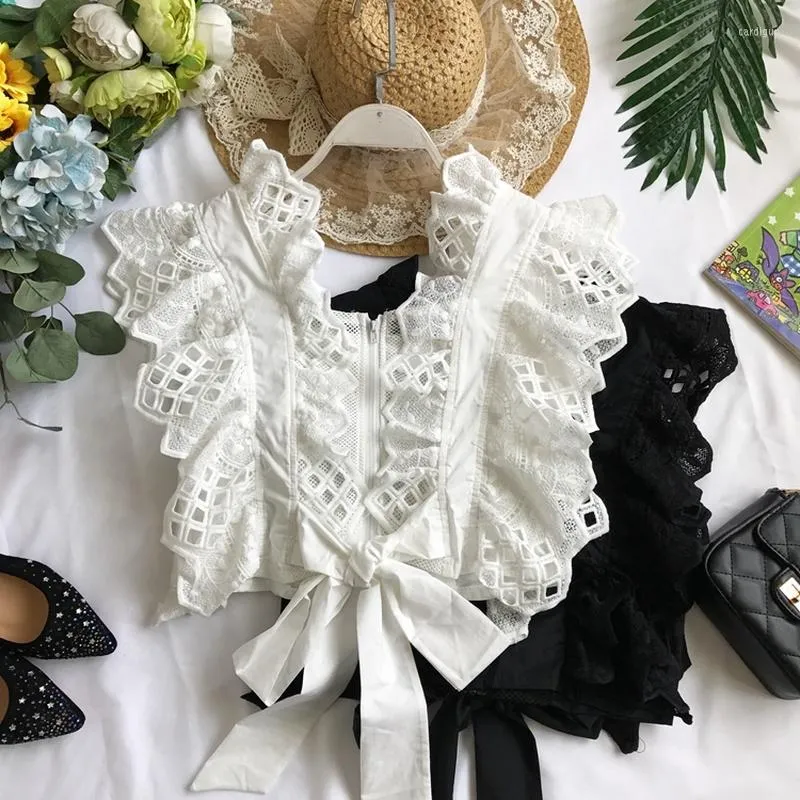 Blouses Femmes Femmes Col V Dentelle Crochet Fleurs Ajouré Volants Gilet Chemises Taille Haute Plissée Bowtie Crop Tops Blusas Camisas