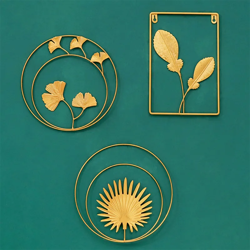 Objetos decorativos Arte de ferro Artamento decorativo Creative Luxury Plant Leaf Gold redonda redonda de metal ginkgo decoração de parede de folhas