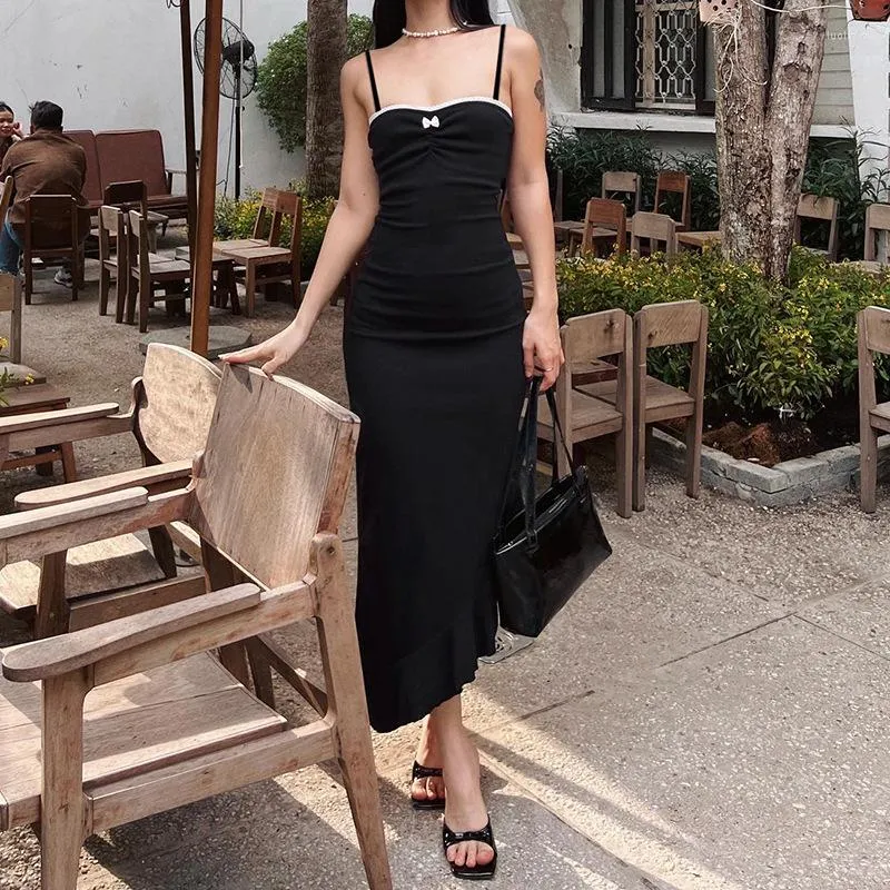 Casual Dresses Vintage Black Spaghetti Straps Wrapped Dress Women Sleeveless Bow Ruched Bust Ruffled Sling Party Holiday Streetwear