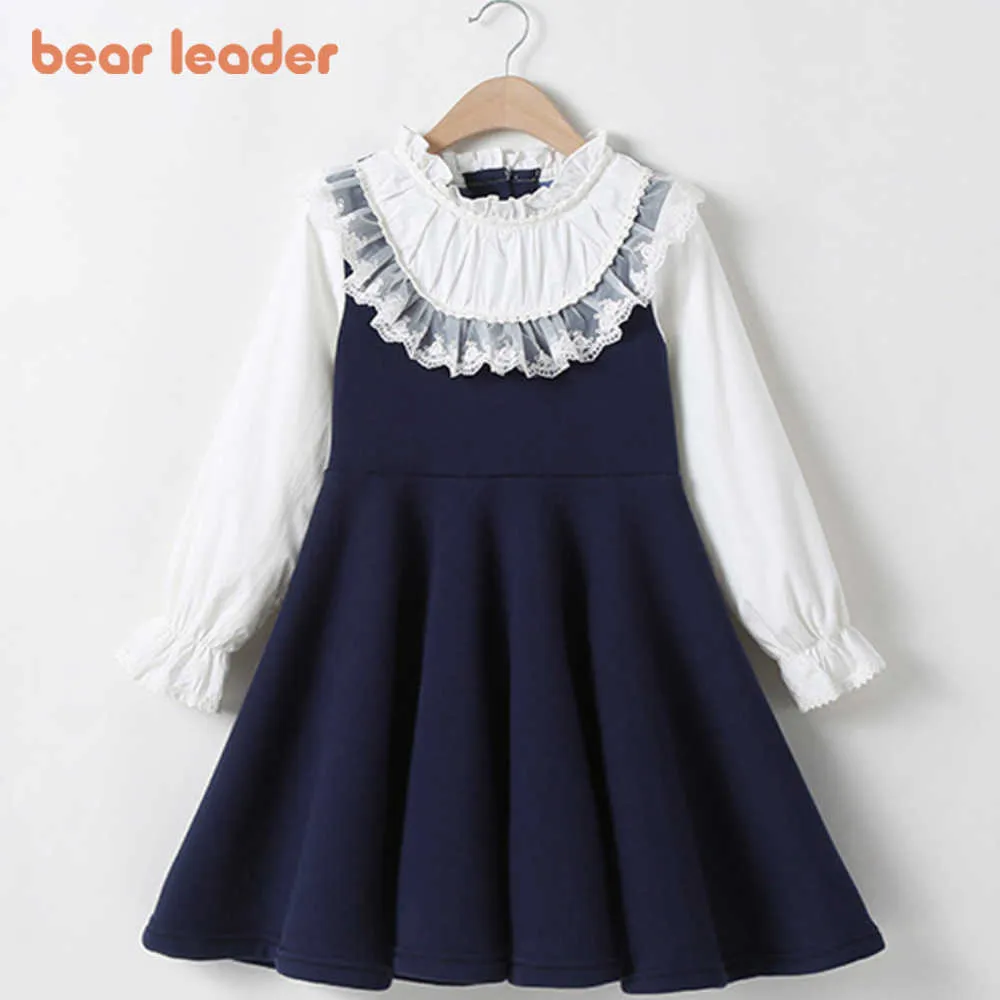 Abiti da ragazza Orso Leader Scuola Nuovi vestiti per ragazze Bambino Casual Bambini Patchwork Vestiti autunnali Bambini Manica lunga Blu Bianco Y2303