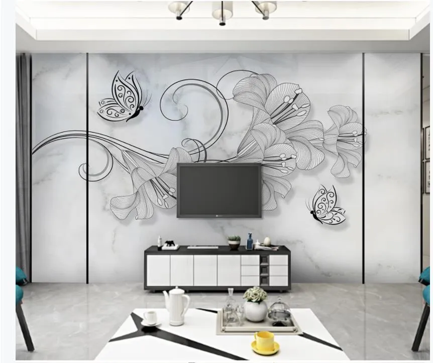 Wallpapers For Living Room Simple Creative Hand Painted Flowers Butterfly Marble Pattern Wall