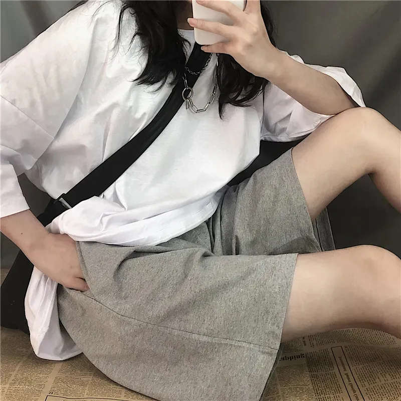 Women's Shorts MEXZT Summer Gray Streetwear Elastic Waist Pants Fashion Simple Casual All Match Unisex Wide Leg 230325