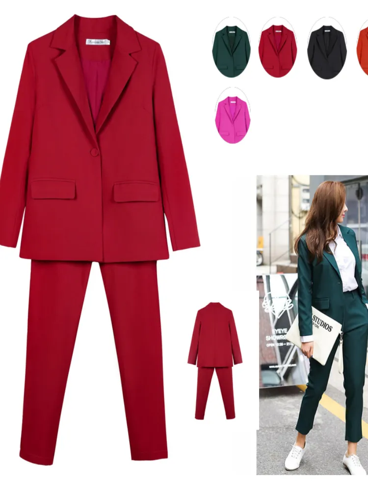 Ensemble 2 Pièces Femme Tailleur Pantalon - Veste Boutonnée Manches Longues + Pantalon Crayon - Pour Bureau, événement