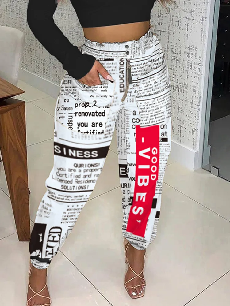 Frauen Hosen S Herbst Frauen Spaper Print Reißverschluss Design Hohe Taille Femme Casual Raffen Detail Hosen Dame Outfits Traf 230325