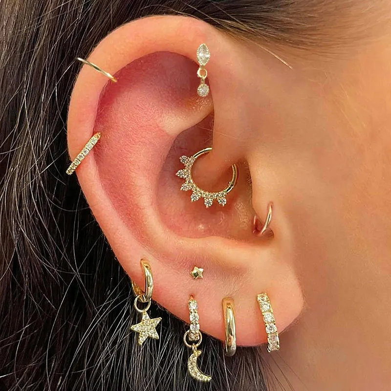 Naso Anelli Borchie Daith Tragus Helix Piercing Orecchino Donna 2023 Zircone Stella Luna Goccia Cartilagine Ear Hoop Lobo Acciaio inossidabile 230325