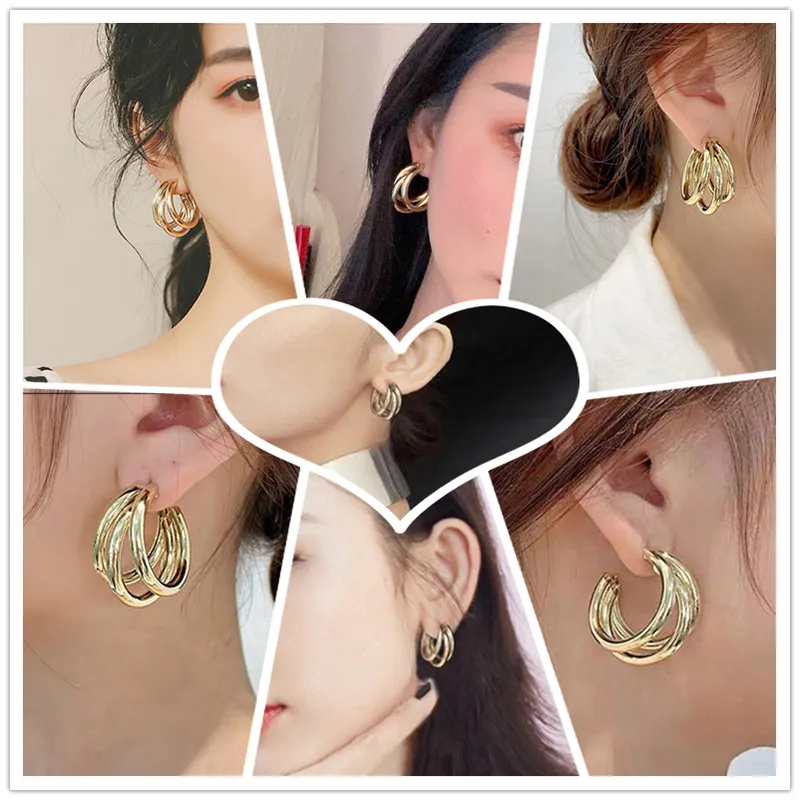 Hoop Huggie Stud Drop Earring Goud- en zilveren kleurenronde voor vrouwen Alloy Trendy drieklagen oorbellen Cirkel ooraccessoires