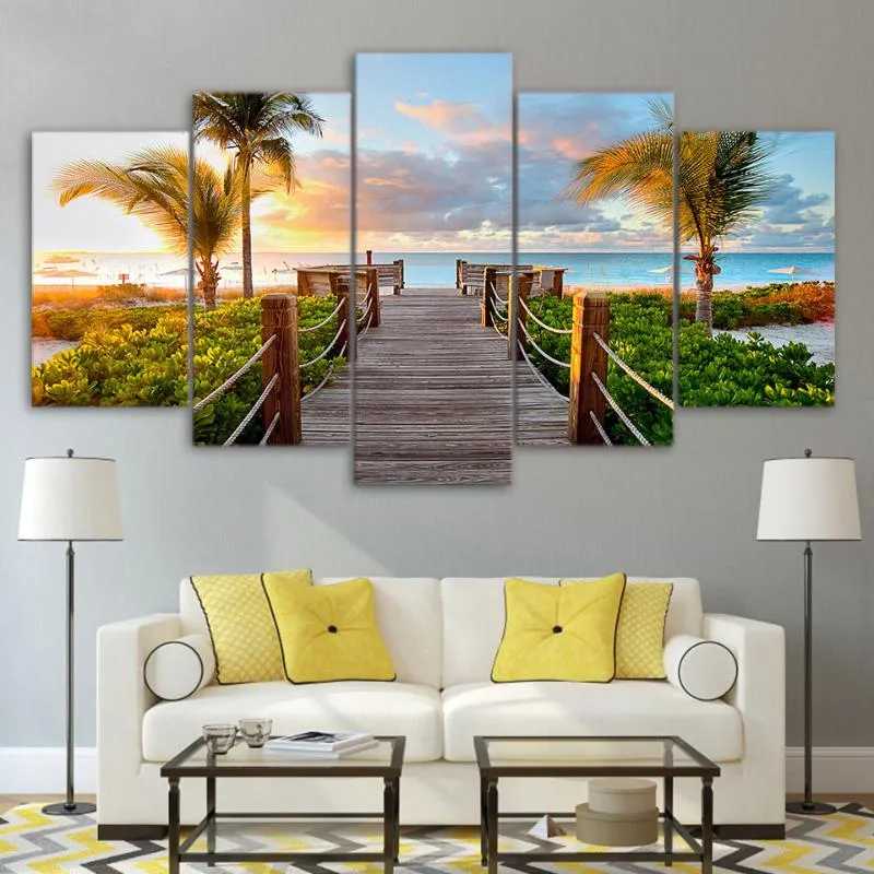 Gemälde Modulare Bilder Rahmen HD-Druck Moderne Wohnkultur 5 Panel Coast Board Walk Palms Beach Wohnzimmer Wandkunst Malerei CanvasPai