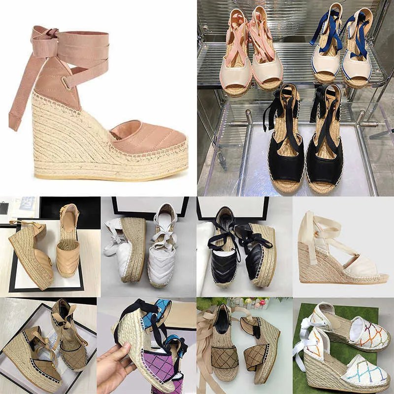 2023 Designers Femmes Wedge Plateforme Sandales Espadrille Chaussures Véritable Cuir Cheville À Lacets Matelasse Espadrille Dames Talon Haut 12cm Taille 35-41 avec boîte NO037