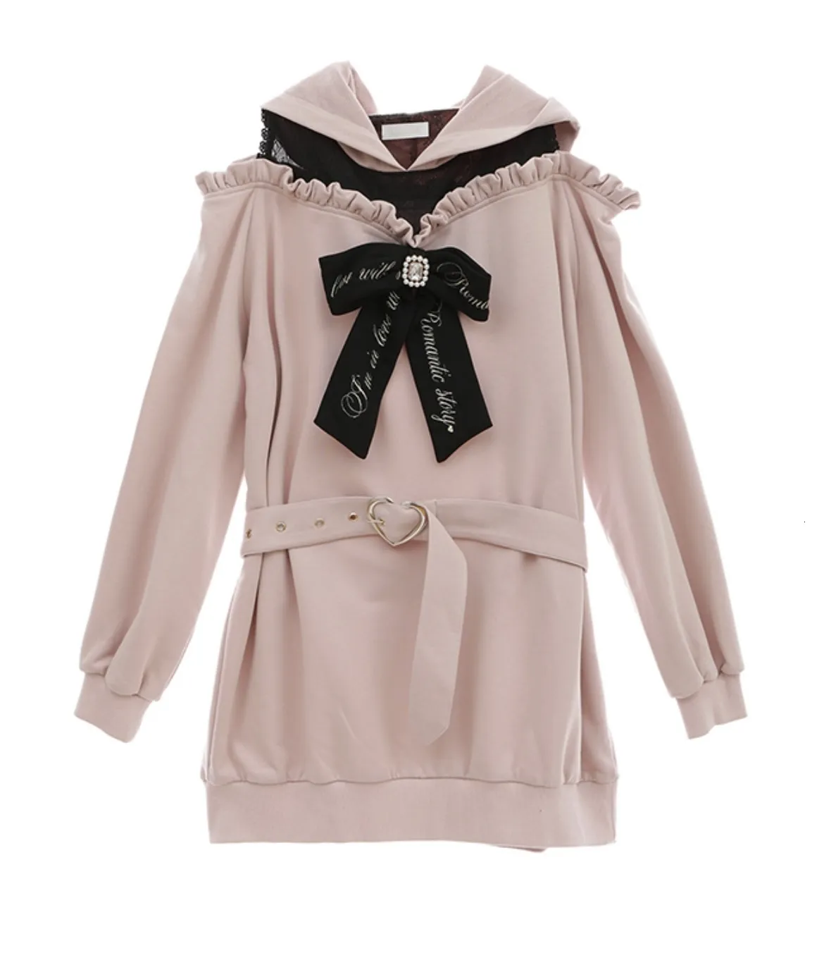 Bluzy damskie bluzy japońska lolita różowy płaszcz bluzy 2023 Spring Hooded Lace Patchwork OffShshoider Haft Gower Midd -Długość Sukienka z kapturem 230325