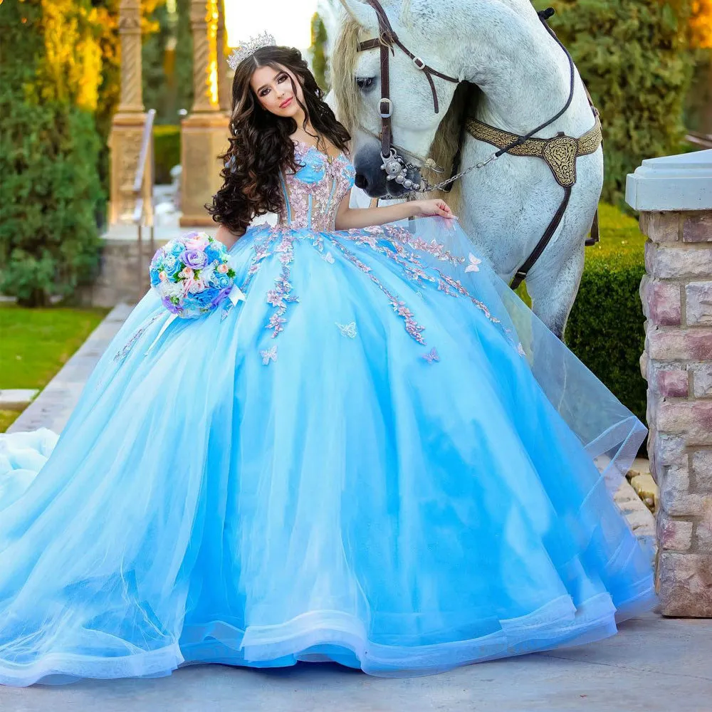 Light Blue 3D Flowers Quinceanera Dresses Ball Off The Shoulder Beading Appliques Mexican Sweet 16 Prom Gown Corset Vestidos De 15 Anos 326 326