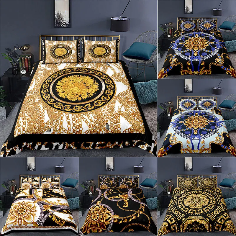 Set di biancheria da letto di lusso 3D in stile barocco dorato Stampa 23 pezzi Set di biancheria da letto per bambini Confortevole copripiumino Federa Tessili per la casa Queen e King Size 230324