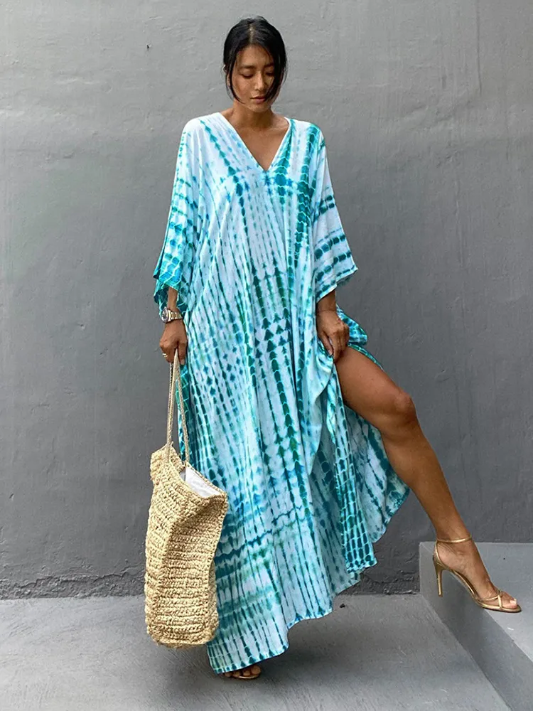 Kvinnors badkläder Boho retro randig slipsfärgad kvinnor baddräkt täcker sommarutflykt sexig bikini wrap strandklänning strandkläder kimono pareo kaftan 220325