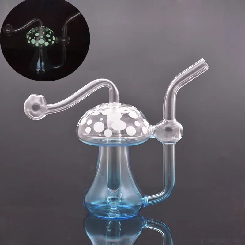 Bagliore nel buio Bong in vetro Bruciatore a nafta Pipa Bubbler Fumo Pipa ad acqua Artista colorato Fungo Acchiappaghiaccio Dab Rig con tubo per bruciatore a nafta in vetro maschio da 10 mm