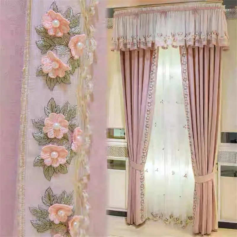 Curtain American Style Luxury Pink Cotton And Linen Curtains Korean Flower Embroidered Bead Lace Skirt For Girls Bedroom Wedding Room