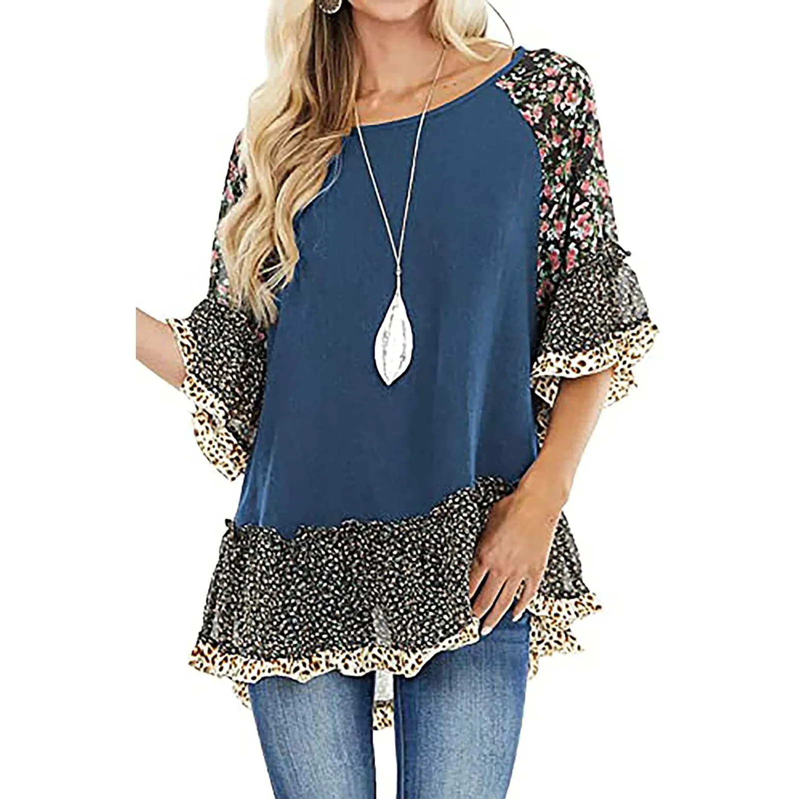 Women's T Shirt Casual Half Sleeve Blouse Leopard Floral Printed Patchwork Round Neck Loose Fit Tops Simple Beachwear Style Shirt 230325