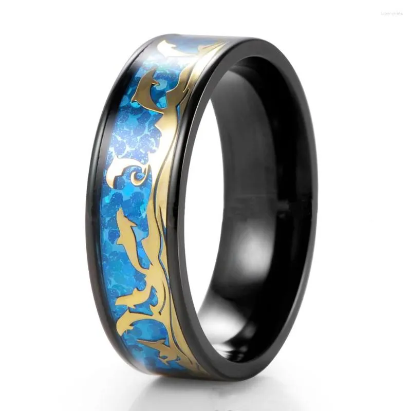 Anéis de casamento Fashion 8mm Men's Black Tungsten Band Occean Golphin Ring exclusivo animal aço inoxidável para homens joias de festa legal