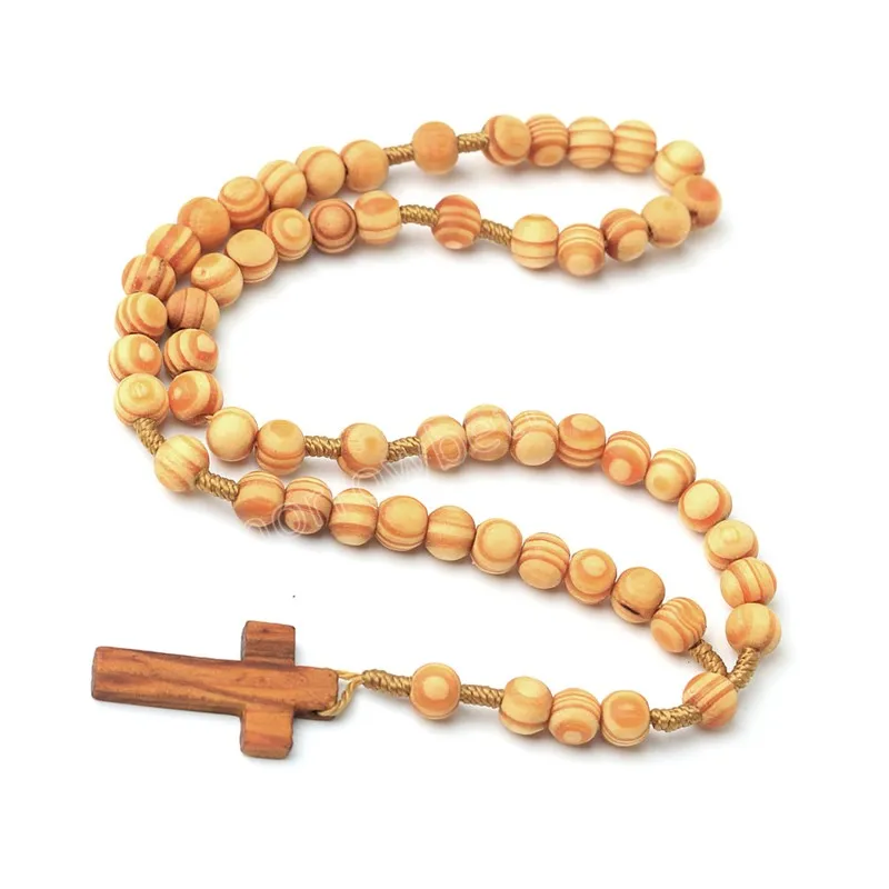 Colliers avec pendentif croix en bois pour femmes et hommes, chaîne de perles en bois de 10MM, prière de croyant, bijoux cadeau de baptême