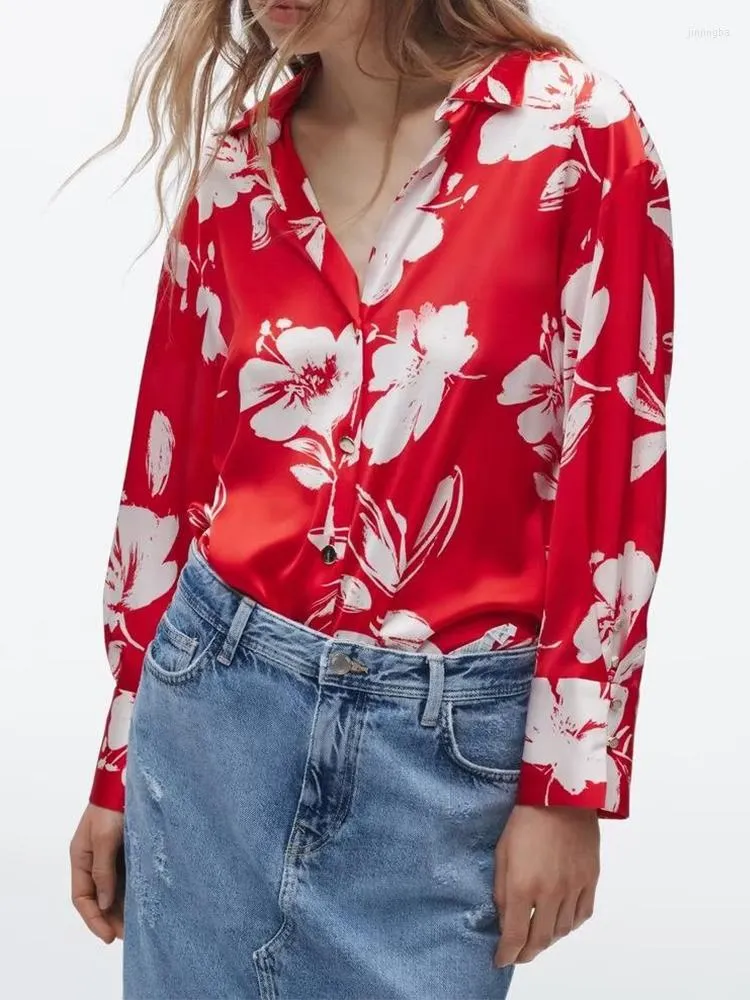 Blusas para mujer, camisas de oficina informales holgadas con estampado Floral rojo para mujer, camisa de manga larga con botones, Tops elegantes para mujer 2023