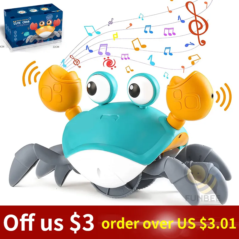 Jouets pour bébé en forme de crabe rampant avec animaux électriques/RC avec musique, jouets musicaux lumineux à LED pour tout-petits, évite automatiquement les obstacles, jouets interactifs pour enfants 230325
