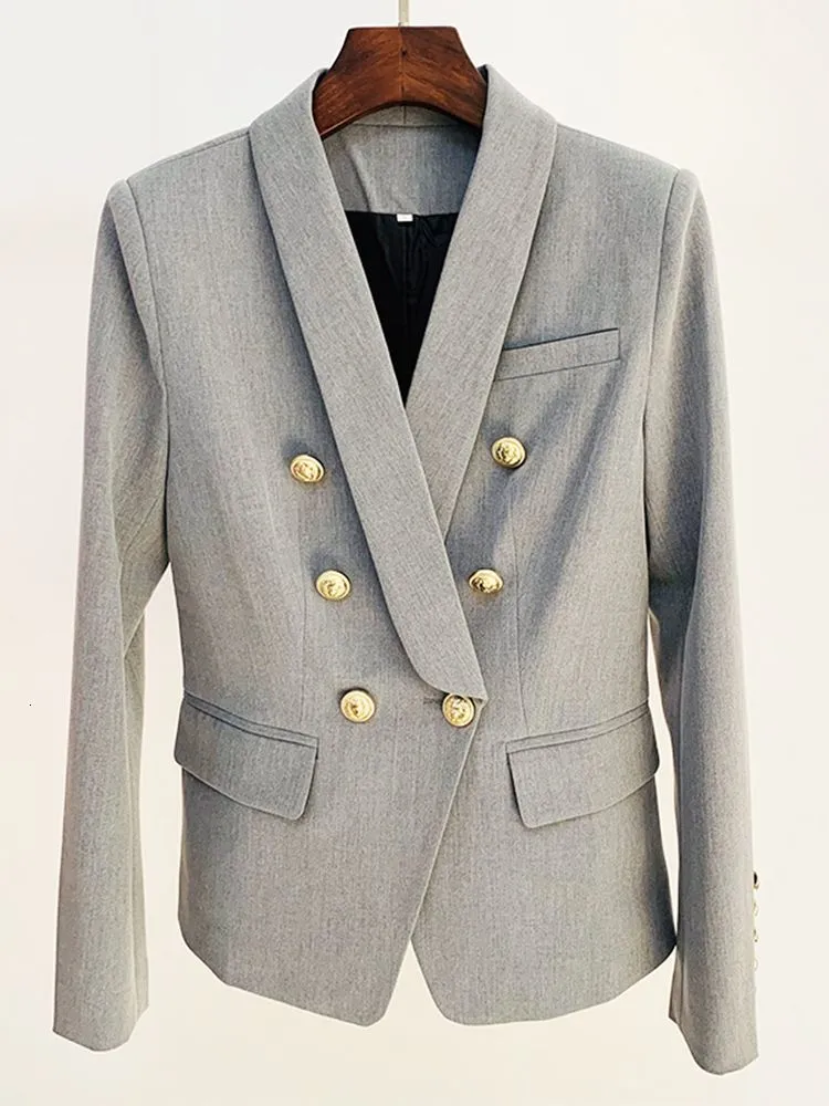 Women's Suits Blazers HIGH QUALITY est 2023 Designer Jacket Shawl Collar Lion Buttons Double Breasted Slim Blazer Pale Grey 230325