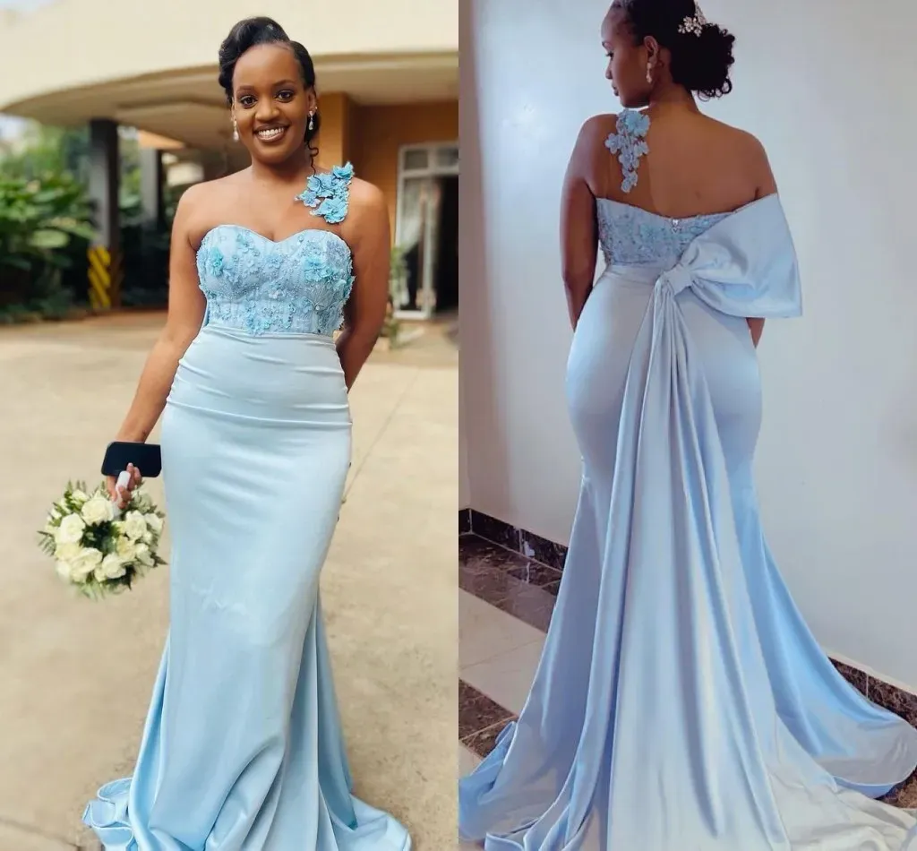 Short Bridesmaid Dresses Baby Blue Blue Bridesmaid Dresses: Mermaid One  Shoulder Lace Applique Satin Bow Gown,