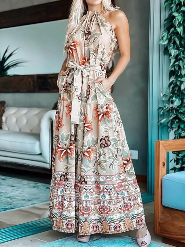 Robes décontractées Élégant imprimé floral à lacets une ligne robe de soirée sexy licou sans manches plissée longue poche d'été boho robe de plage décontractée