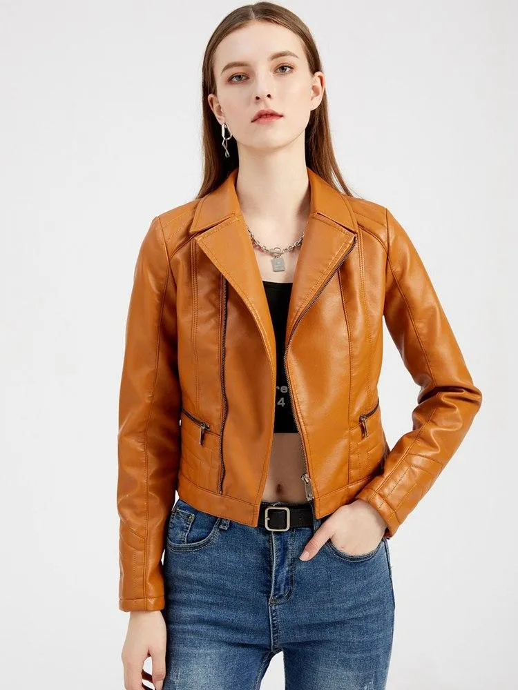 Women's Leather & Faux Women Washed PU Jacket For Ladies Fashion Lapel Spring Autumn Solid Color Long Sleeve JacketWomen's