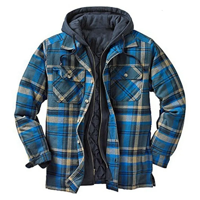 Hommes Vestes Hommes Mode Plaid À Manches Longues Lâche À Capuche Chemise Automne et Hiver Épais Coton Manteau Zip Up À Capuche 230325