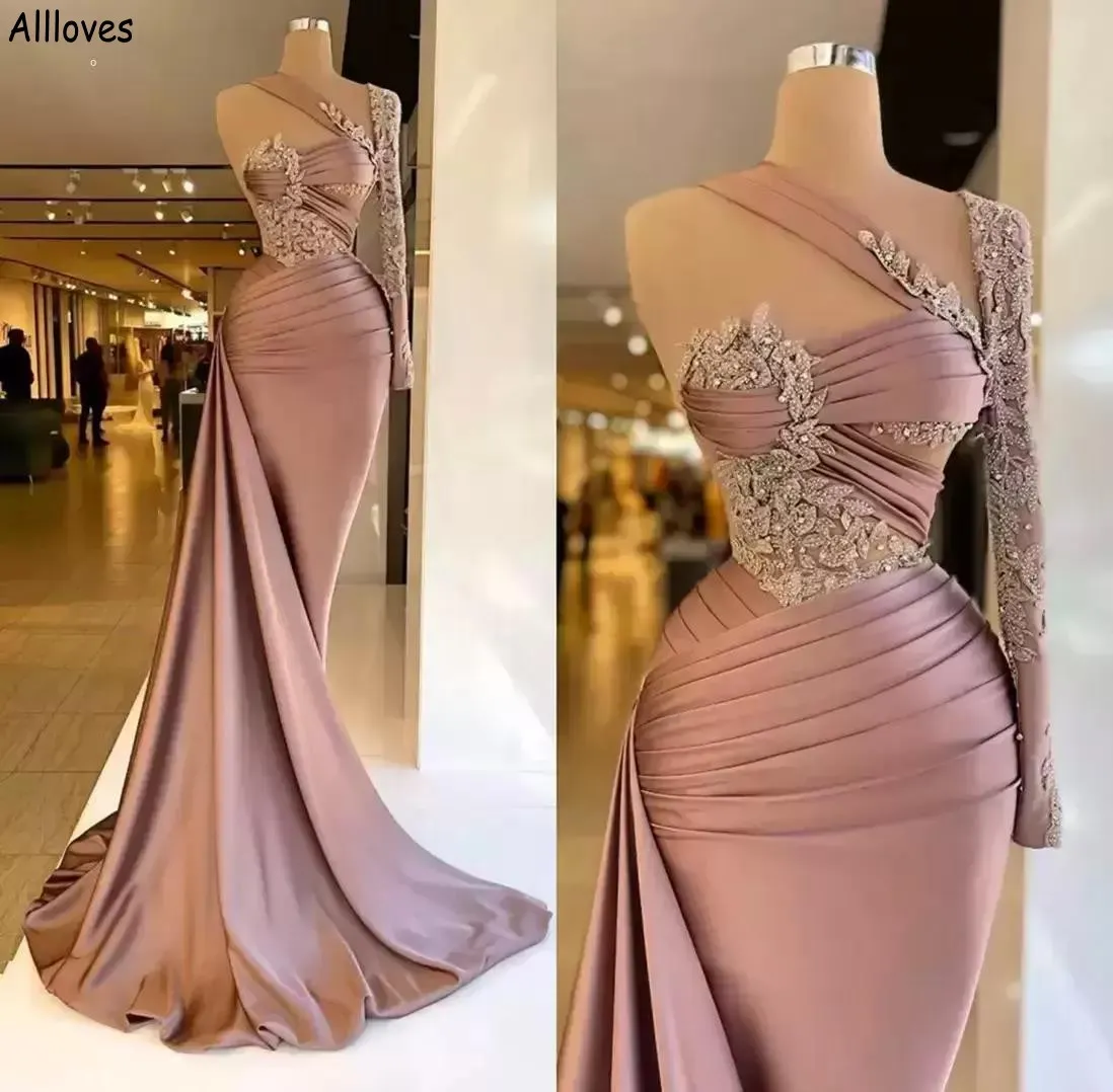 Unique Une Épaule À Manches Longues Robes De Soirée Paillettes Paillettes Perlée Trompette Occasion Formelle Événements Robes De Bal Plissé Satin Arabe Aso Ebi Robe Slim Fit CL0920