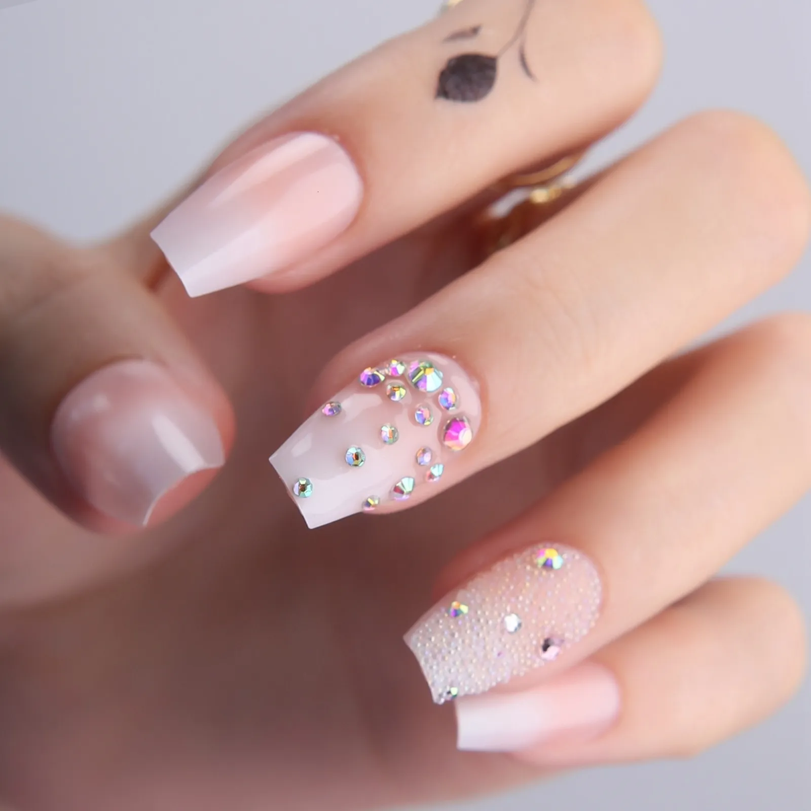 False Nails False Nails Babyboom Ombre Coffin Press on nails Nude Square Diamond Glitter Crystal Ballet nails Black Nail Box customization 230325