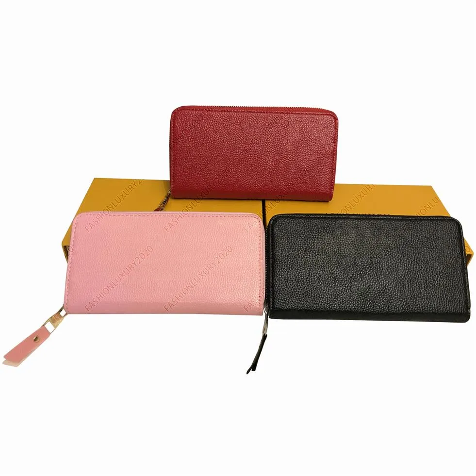 Whole Fashion 3 colors Single Zipper Pocke Men Women Leather Wallet Lady Ladies Long Purse Card Holde With Box Card Dust Bag 22740