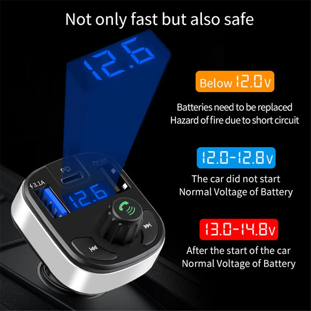 Carro Bluetooth 5.0 FM Transmissor duplo USB PD Tipo C Fast Carreging Carreira Bluetooth Microphone HandsFree FM Modulator