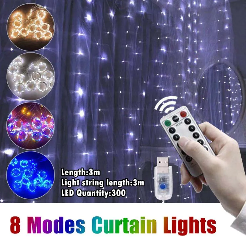 Stringhe Luci per tende per decorazioni creative per feste 8 modalità di illuminazione Luce per corde USB con telecomando per decorazioni per interni/esterni